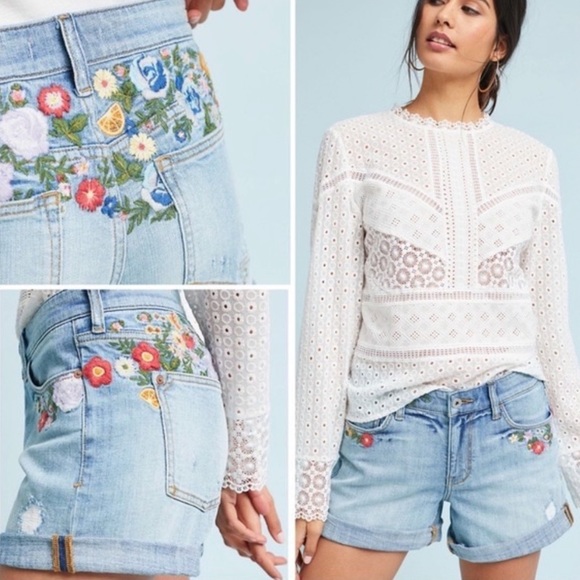 Anthropologie Pants - Anthropologie Pilcro and the Letterpress Denim Floral Embroidered Shorts Size 28